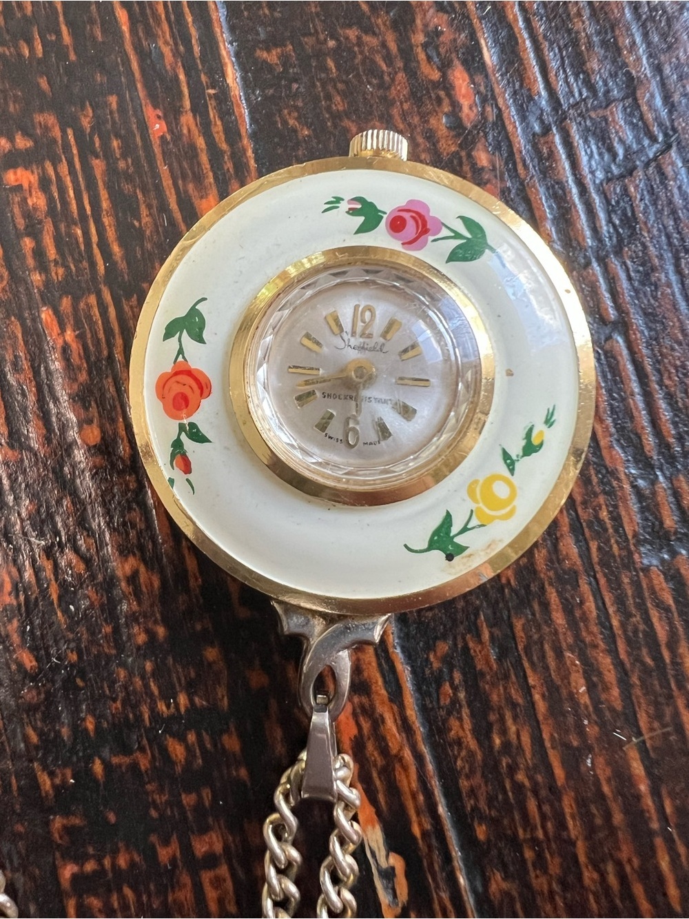 VTG 60's Sheffield Hand Painted Enamel Rose Watch Necklace Gold Tone